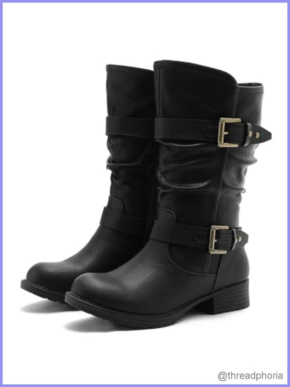 Faux Leather Mid Calf Moto Boots Buckle Straps Block Heel